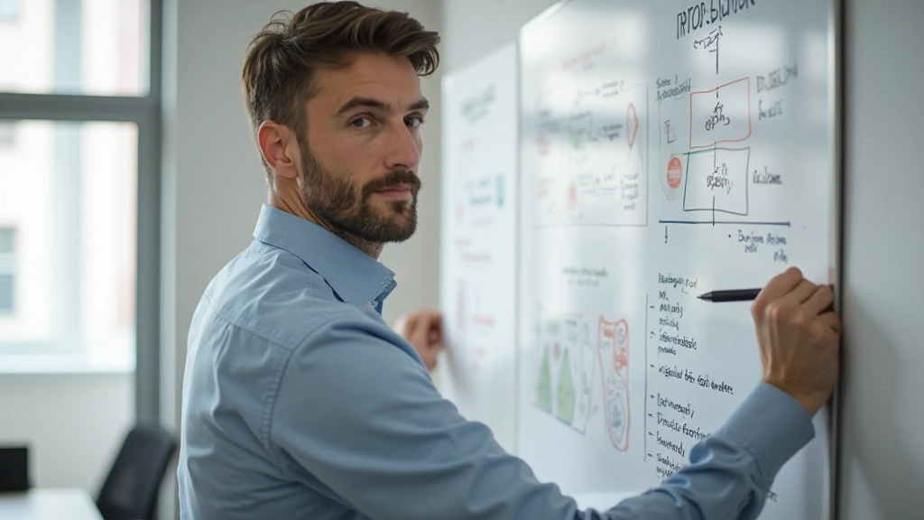 Werknemer schrijft notities op whiteboard met verbeteringsplan