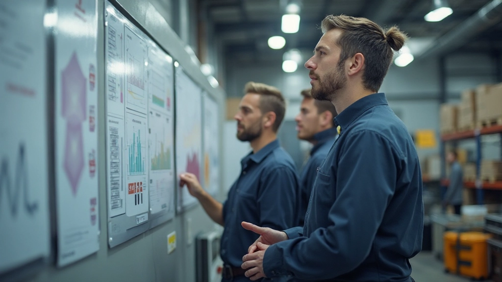 Verschillende meetborden met grafieken en voortgangsgegevens in magazijn